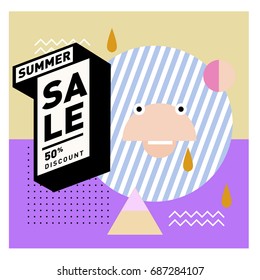 Summer sale memphis style web banner. Fashion and travel discount poster. Vector holiday Abstract colorful illustration with special offer and promotion.