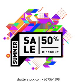 Summer sale memphis style web banner. Fashion and travel discount poster. Vector holiday Abstract colorful illustration with special offer and promotion.