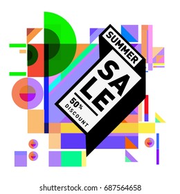Summer sale memphis style web banner. Fashion and travel discount poster. Vector holiday Abstract colorful illustration with special offer and promotion.