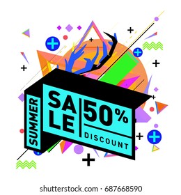 Summer sale memphis style web banner. Fashion and travel discount poster. Vector holiday Abstract colorful illustration with special offer and promotion.