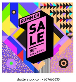 Summer sale memphis style web banner. Fashion and travel discount poster. Vector holiday Abstract colorful illustration with special offer and promotion.