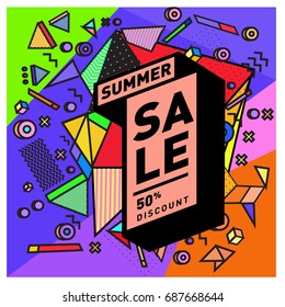 Summer sale memphis style web banner. Fashion and travel discount poster. Vector holiday Abstract colorful illustration with special offer and promotion.