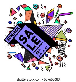 Summer sale memphis style web banner. Fashion and travel discount poster. Vector holiday Abstract colorful illustration with special offer and promotion.