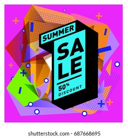 Summer sale memphis style web banner. Fashion and travel discount poster. Vector holiday Abstract colorful illustration with special offer and promotion.