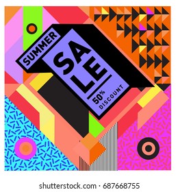Summer sale memphis style web banner. Fashion and travel discount poster. Vector holiday Abstract colorful illustration with special offer and promotion.