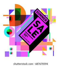 Summer sale memphis style web banner. Fashion and travel discount poster. Vector holiday Abstract colorful illustration with special offer and promotion.
