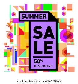 Summer sale memphis style web banner. Fashion and travel discount poster. Vector holiday Abstract colorful illustration with special offer and promotion.