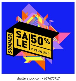 Summer sale memphis style web banner. Fashion and travel discount poster. Vector holiday Abstract colorful illustration with special offer and promotion.