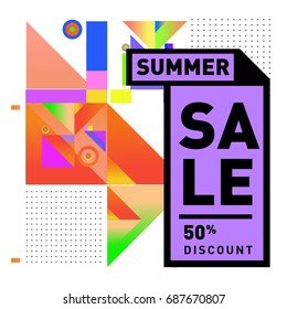 Summer sale memphis style web banner. Fashion and travel discount poster. Vector holiday Abstract colorful illustration with special offer and promotion.