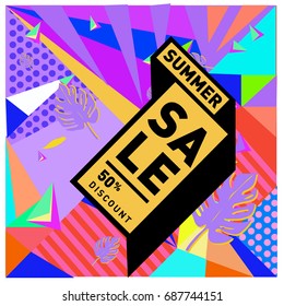 Summer sale memphis style web banner. Fashion and travel discount poster. Vector holiday Abstract colorful illustration with special offer and promotion.