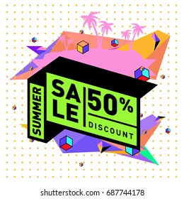 Summer sale memphis style web banner. Fashion and travel discount poster. Vector holiday Abstract colorful illustration with special offer and promotion.