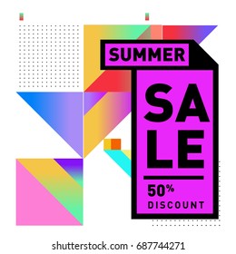 Summer sale memphis style web banner. Fashion and travel discount poster. Vector holiday Abstract colorful illustration with special offer and promotion.
