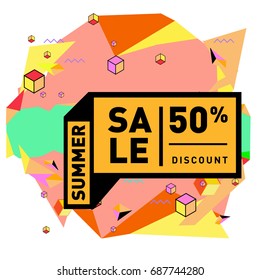 Summer sale memphis style web banner. Fashion and travel discount poster. Vector holiday Abstract colorful illustration with special offer and promotion.