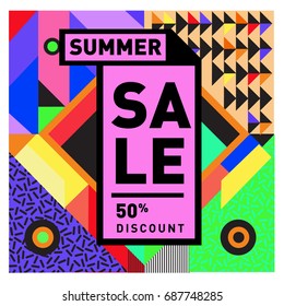 Summer sale memphis style web banner. Fashion and travel discount poster. Vector holiday Abstract colorful illustration with special offer and promotion.
