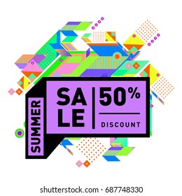 Summer sale memphis style web banner. Fashion and travel discount poster. Vector holiday Abstract colorful illustration with special offer and promotion.