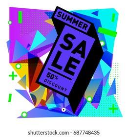 Summer sale memphis style web banner. Fashion and travel discount poster. Vector holiday Abstract colorful illustration with special offer and promotion.