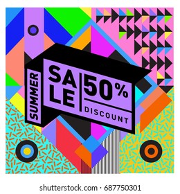 Summer sale memphis style web banner. Fashion and travel discount poster. Vector holiday Abstract colorful illustration with special offer and promotion.