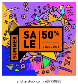 Summer sale memphis style web banner. Fashion and travel discount poster. Vector holiday Abstract colorful illustration with special offer and promotion.