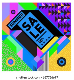Summer sale memphis style web banner. Fashion and travel discount poster. Vector holiday Abstract colorful illustration with special offer and promotion.