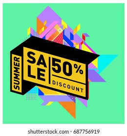 Summer sale memphis style web banner. Fashion and travel discount poster. Vector holiday Abstract colorful illustration with special offer and promotion.
