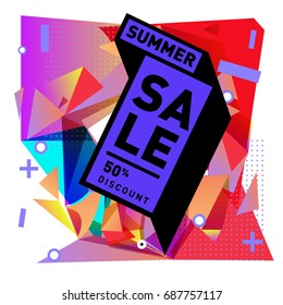 Summer sale memphis style web banner. Fashion and travel discount poster. Vector holiday Abstract colorful illustration with special offer and promotion.