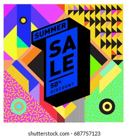 Summer sale memphis style web banner. Fashion and travel discount poster. Vector holiday Abstract colorful illustration with special offer and promotion.