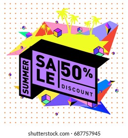 Summer sale memphis style web banner. Fashion and travel discount poster. Vector holiday Abstract colorful illustration with special offer and promotion.