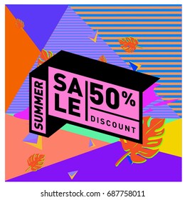 Summer sale memphis style web banner. Fashion and travel discount poster. Vector holiday Abstract colorful illustration with special offer and promotion.