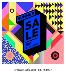Summer sale memphis style web banner. Fashion and travel discount poster. Vector holiday Abstract colorful illustration with special offer and promotion.