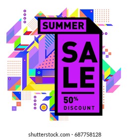 Summer sale memphis style web banner. Fashion and travel discount poster. Vector holiday Abstract colorful illustration with special offer and promotion.