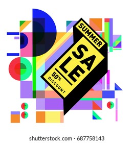 Summer sale memphis style web banner. Fashion and travel discount poster. Vector holiday Abstract colorful illustration with special offer and promotion.