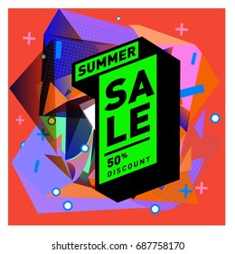 Summer sale memphis style web banner. Fashion and travel discount poster. Vector holiday Abstract colorful illustration with special offer and promotion.