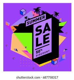 Summer sale memphis style web banner. Fashion and travel discount poster. Vector holiday Abstract colorful illustration with special offer and promotion.