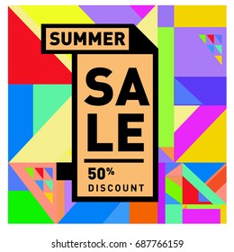 Summer sale memphis style web banner. Fashion and travel discount poster. Vector holiday Abstract colorful illustration with special offer and promotion.