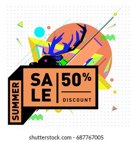 Summer sale memphis style web banner. Fashion and travel discount poster. Vector holiday Abstract colorful illustration with special offer and promotion.