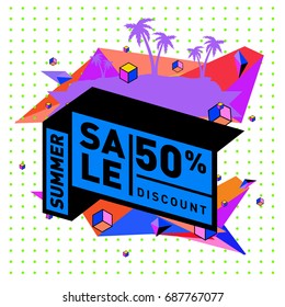 Summer sale memphis style web banner. Fashion and travel discount poster. Vector holiday Abstract colorful illustration with special offer and promotion.