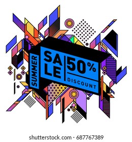 Summer sale memphis style web banner. Fashion and travel discount poster. Vector holiday Abstract colorful illustration with special offer and promotion.