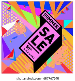 Summer sale memphis style web banner. Fashion and travel discount poster. Vector holiday Abstract colorful illustration with special offer and promotion.