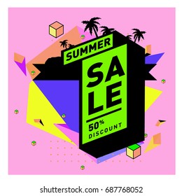 Summer sale memphis style web banner. Fashion and travel discount poster. Vector holiday Abstract colorful illustration with special offer and promotion.