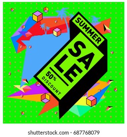 Summer sale memphis style web banner. Fashion and travel discount poster. Vector holiday Abstract colorful illustration with special offer and promotion.