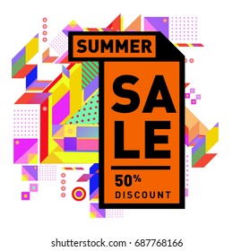 Summer sale memphis style web banner. Fashion and travel discount poster. Vector holiday Abstract colorful illustration with special offer and promotion.