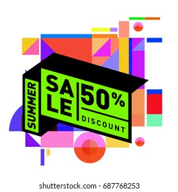 Summer sale memphis style web banner. Fashion and travel discount poster. Vector holiday Abstract colorful illustration with special offer and promotion.