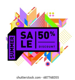 Summer sale memphis style web banner. Fashion and travel discount poster. Vector holiday Abstract colorful illustration with special offer and promotion.
