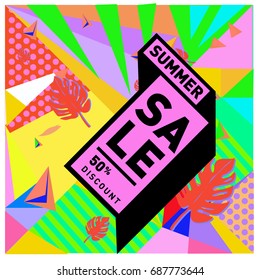 Summer sale memphis style web banner. Fashion and travel discount poster. Vector holiday Abstract colorful illustration with special offer and promotion.