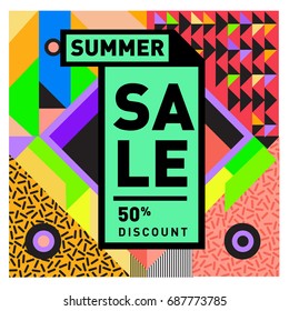 Summer sale memphis style web banner. Fashion and travel discount poster. Vector holiday Abstract colorful illustration with special offer and promotion.