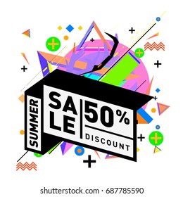 Summer sale memphis style web banner. Fashion and travel discount poster. Vector holiday Abstract colorful illustration with special offer and promotion.