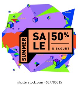 Summer sale memphis style web banner. Fashion and travel discount poster. Vector holiday Abstract colorful illustration with special offer and promotion.