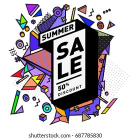 Summer sale memphis style web banner. Fashion and travel discount poster. Vector holiday Abstract colorful illustration with special offer and promotion.