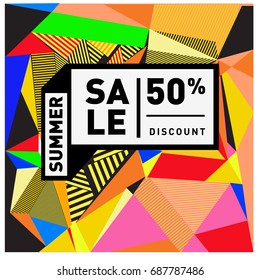 Summer sale memphis style web banner. Fashion and travel discount poster. Vector holiday Abstract colorful illustration with special offer and promotion.