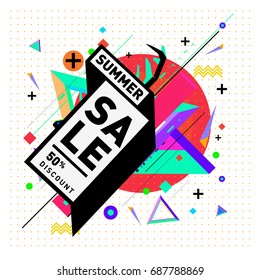 Summer sale memphis style web banner. Fashion and travel discount poster. Vector holiday Abstract colorful illustration with special offer and promotion.